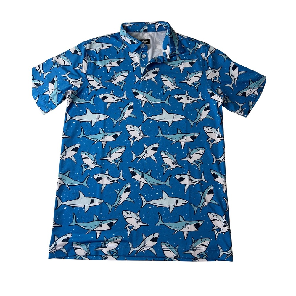 Waggle Golf Polo Kids Large Blue Shark Print Short Sleeve Performance Shirt